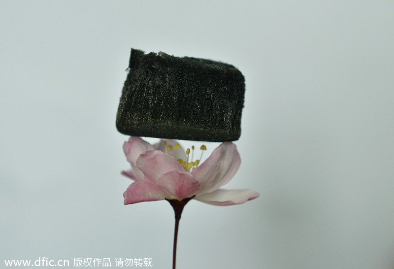 Cette photo prise à l'Université de Zhejiang, le 19 mars 2013, présente un aérogel de graphène, le plus léger matériau solide du monde. Développé par le groupe de recherche du nanomètre macromolécule de l'université, ce matériau a été vendu pour 10 millions de yuans (1,6 millions de dollars) à une vente aux enchères à Hangzhou, la capitale de la province du Zhejiang (Chine orientale), le 1er juillet 2014. [Photo/IC] 