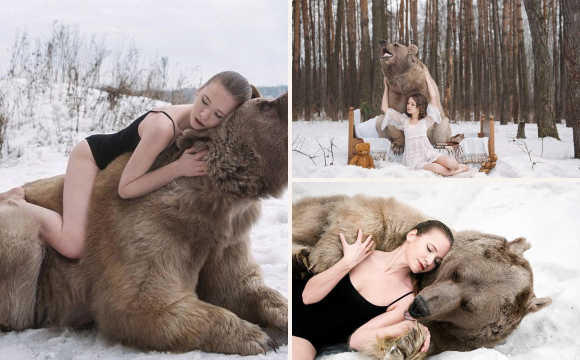 Des mannequins russes en photo avec un ours dans la neige pour dire non à la chasse