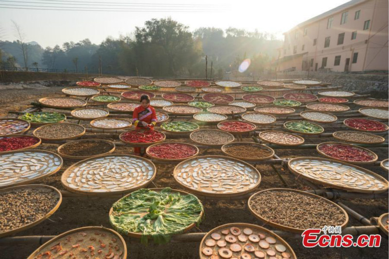 Jiangxi : des villageois sèchent des légumes au soleil