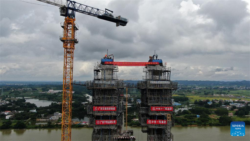 Un pont de la ligne ferroviaire à grande vitesse Nanning-Yulin en construction