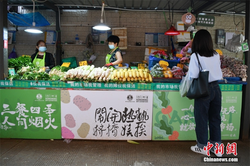 Yunnan : une exposition d'art de paniers de légumes sur un marché des produits agricoles de Kunming