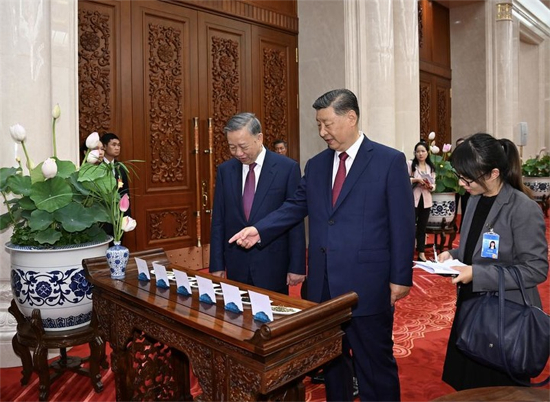 Xi Jinping, secrétaire général du Comité central du Parti communiste chinois et président chinois, et To Lam, secrétaire général du Comité central du Parti communiste vietnamien et ancien président vietnamien, en visite d'Etat en Chine, discutent autour d'un thé à Beijing, capitale de la Chine, le 19 ao?t 2024. (Xinhua/Xie Huanchi)