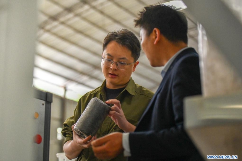 Li Runnan vérifie du matériel avec un membre du personnel dans une champignonnière du village de Wangu du district de Yanjin, dans la ville de Zhaotong, dans la province du Yunnan (sud-ouest de la Chine), le 29 avril 2025.