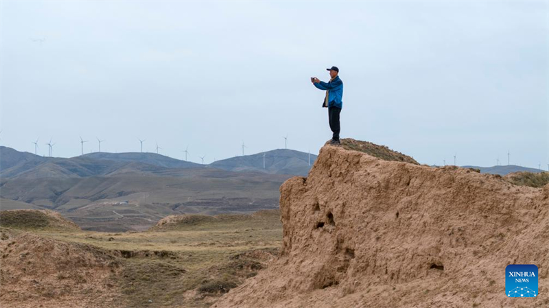 Li Shixiang recherche des restes de la Grande Muraille dans la région des gorges de Heishan, à Zhongwei, dans la région autonome Hui du Ningxia (nord-ouest de la Chine), le 13 mai 2025. (Photo / Xinhua)