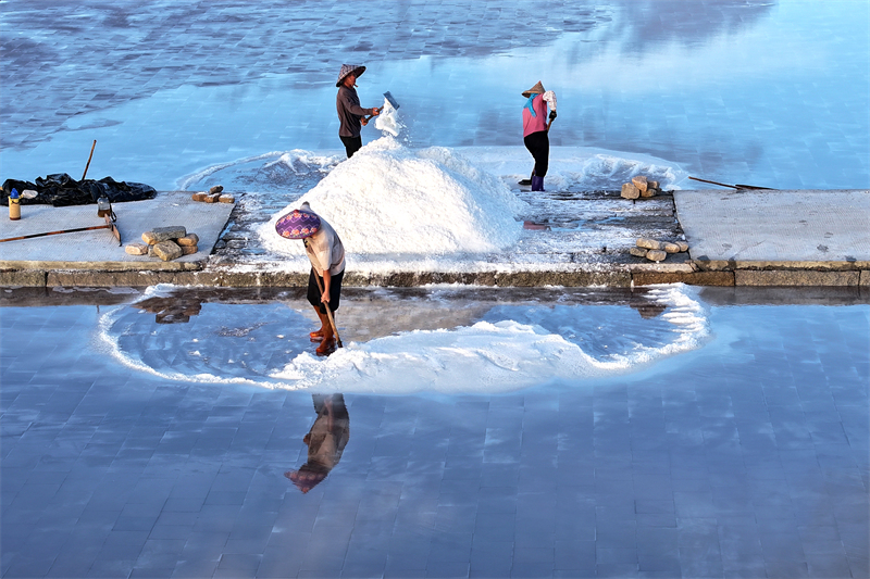 Fujian : la récolte de sel d'été bat son plein à Quanzhou