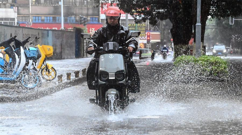 Un homme fait de la moto sous la pluie à Qinzhou, dans la région autonome Zhuang du Guangxi, dans le sud de la Chine, le 21 juillet 2025. (Photo : Zhang Ailin)