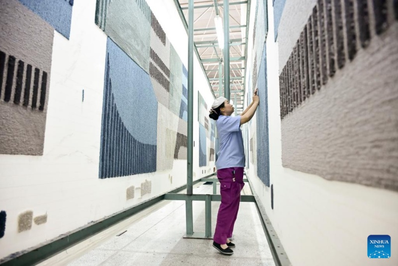 Une employée travaille sur un tapis tibétain dans un atelier du groupe Shengyuan Carpet, à Xining, capitale de la province du Qinghai (nord-ouest de la Chine), le 21 juillet 2025. (Qi Zhiyue/Xinhua)